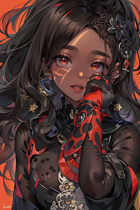 ((Masterpiece, Highest quality)), Detailed face, Character，black anime girl, half body, Full of details, Pretty pose, Highly detailed, Depth, Many parts，Beautiful spy，dark brown skin, long black hair，red eyes, Velvet red hints on outfit，Extremely beautiful...