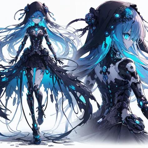 (masterpiece, Best Quality), (Perfect athlete body:1.2), (detailed hairs), Ultra-detailed, Anime style, Full body, Solo, mechanical life-form girl, neon-blue hair and glowing ultra-blue eyes, Ceramic skin, Head covered with a gothic veil, mournful gothic l...