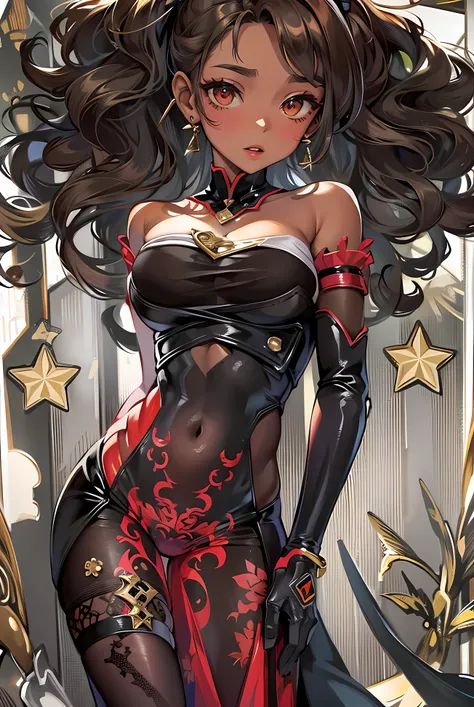 ((Masterpiece, Highest quality)), Detailed face, Character，black anime girl, half body, Full of details, Pretty pose, Highly detailed, Depth, Many parts，Beautiful spy，dark brown skin, long black hair，red eyes, Velvet red hints on outfit，Extremely beautiful...