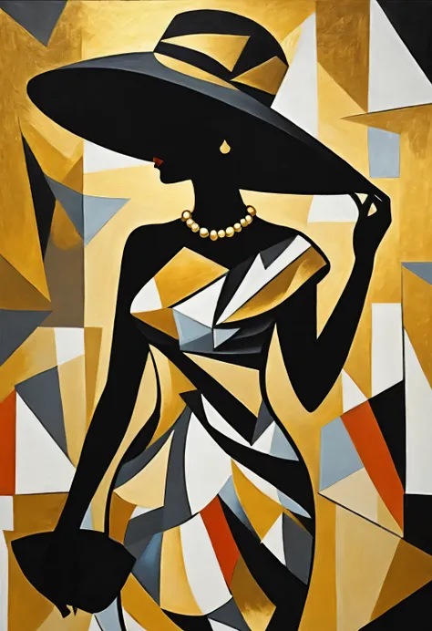 Fesselnde Frauensilhouette, who wears a dress and a hat, Sehr detailliert, highest quality, abstract cubism acrylic Malerei, Picasso-Stil, gold black white, Malerei, beschwingt, Konzeptkunstv0.1, Malerei