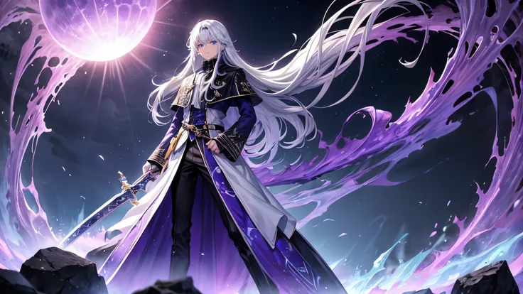 A boy with long white hair, blue ice eyes, wearing a black coat with under it a White shirt and dark blue pants, his shoes instead being black. On his left hand he has a black thin sword, covered in a purple dark magic. Instead, he has in his other hand a ...