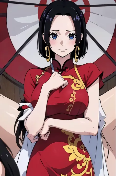 red chinese dress, 1girl, solo, black hair, short hair, upper body, smile, parasol, mature female, (nsfw:1.5)