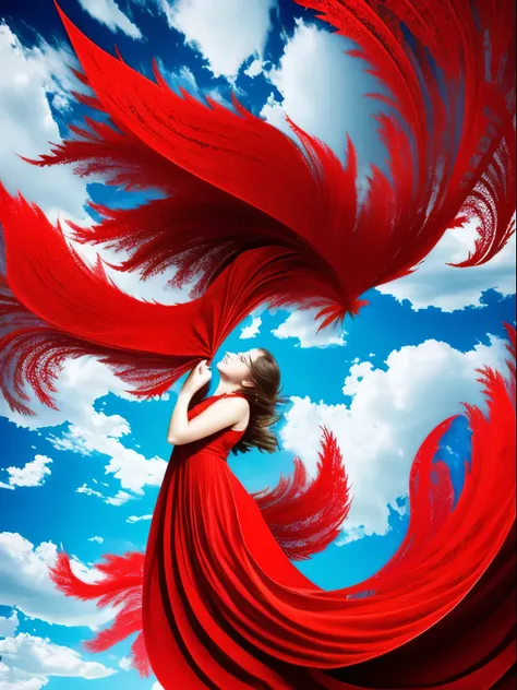 red colour  masterpiece, best quality:1.5),fractal art, Beautiful girl about to be blown away by the wind, tornado