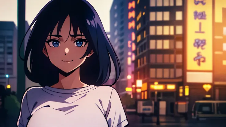 woman with dark blue hair, standing in front of a city afternoon background and the sky has a afternoon colors the girl wears white t shirt with some sort of a logo standing like a cute girl giving lofi vibes . She has large, expressive eyes and smiling a ...