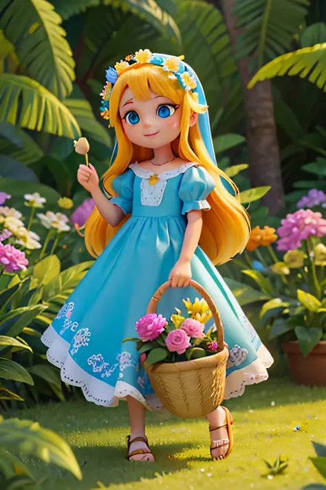 Develop a captivating illustration of Mary, uma  encantadora, com cachos dourados e olhos azuis cheios de ternura. Vista-a com um vestido floral e coloque-a em um ambiente colorido de um jardim encantado, holding a basket and picking magical flowers.