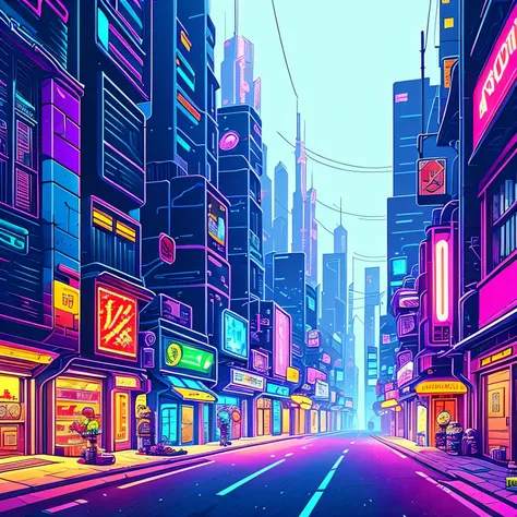 cyberpunk street, side view, 2D game style, pixel art style, cool vendors, roads and cars,