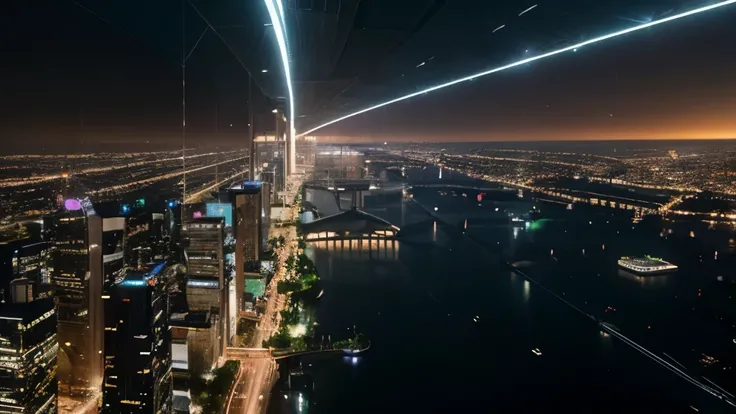 In the city of the future, towering skyscrapers extend into the sky, reflecting the light from a multitude of giant digital screens. Flying vehicles cut through the skies, leaving trails of shimmering lights as they move between the futuristic buildings. A...