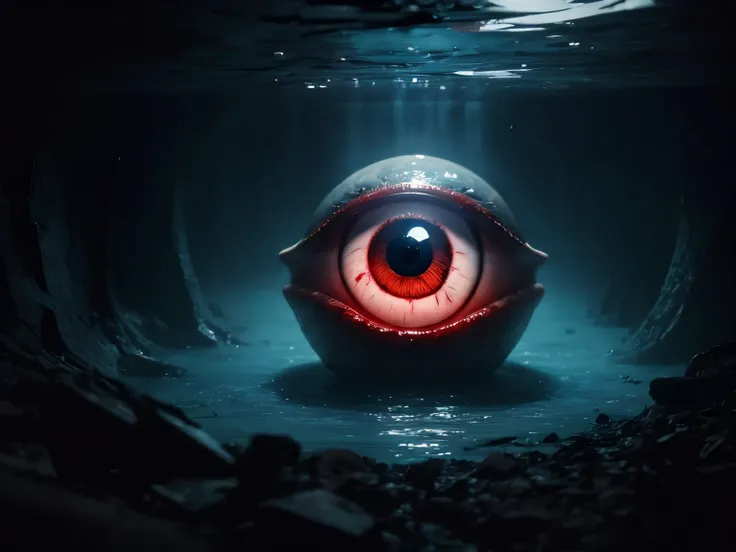 Giant eyeball bloody under the water staring at the camera