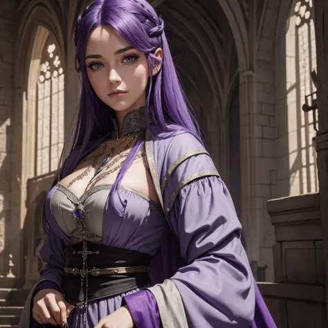 Beautiful, medieval woman, with purple hair, gray eyes