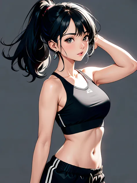 1girl ,solo ,Black haired, jogging, wearing sport bra, wearing sport short, around a field, multiple earrings in ear, parted lips, navel, cowboy shot, ((action shot)), simple background, contrasting background, best quality, amazing quality, very aesthetic...