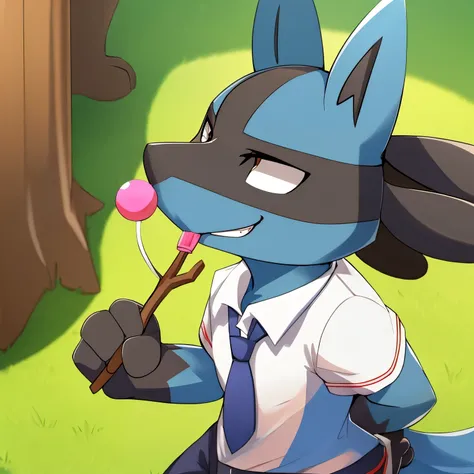 Lucario，Super handsome，confident smile，on campus，Wearing school uniform，greet，A lollipop in his mouth，School grass，Wearing campus trousers，Stick one hand in your pocket，另一手greet