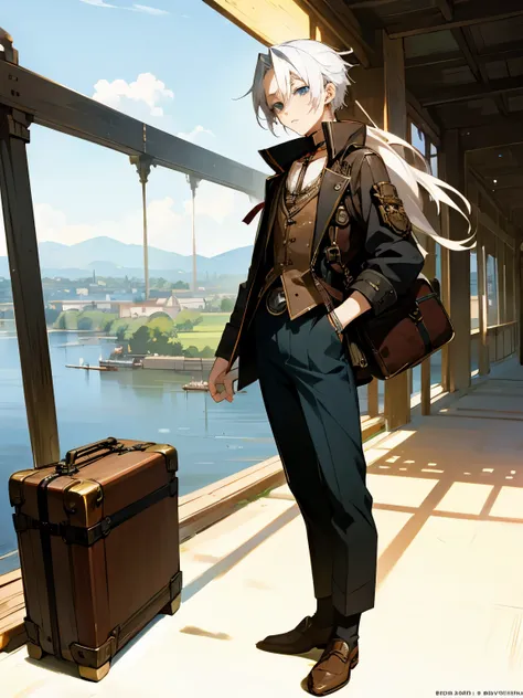 Anime boy around 17 to 19 years old, wearing steampunk style clothes. White hair and blue eyes. He is a traveler.