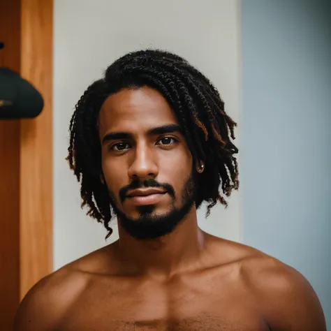 Retrato de um homem eletricista, 21-24 anos, cabelo preto com escovinha grossa com juba, roupa de eletricistas e com o material da eletricidade 