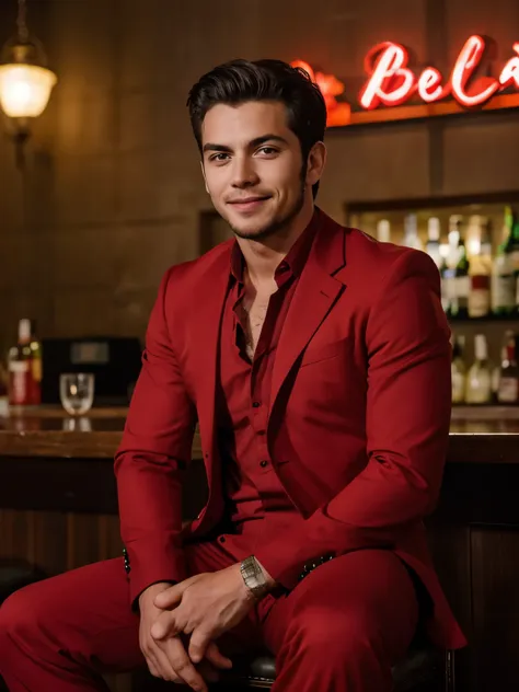 (foto crua:1.2) emphasizing the face, a badboy teen man wearing a red suit with a hellish business look sitting in a hell themed...