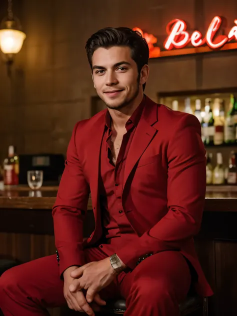 (foto crua:1.2) emphasizing the face, a badboy teen man wearing a red suit with a hellish business look sitting in a hell themed bar, barba, um olhar pretencioso, sadistic smile, tiro sincero, melhor qualidade, 8k, Ultra HD, fotorrealista, com particulas d...