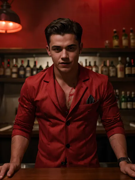 (foto crua:1.2), a badboy teen man wearing a red suit with a hellish business look being a bartender at a hell themed bar, barba, um olhar pretencioso, sorriso sadico, tiro sincero, melhor qualidade, 8k, Ultra HD, fotorrealista