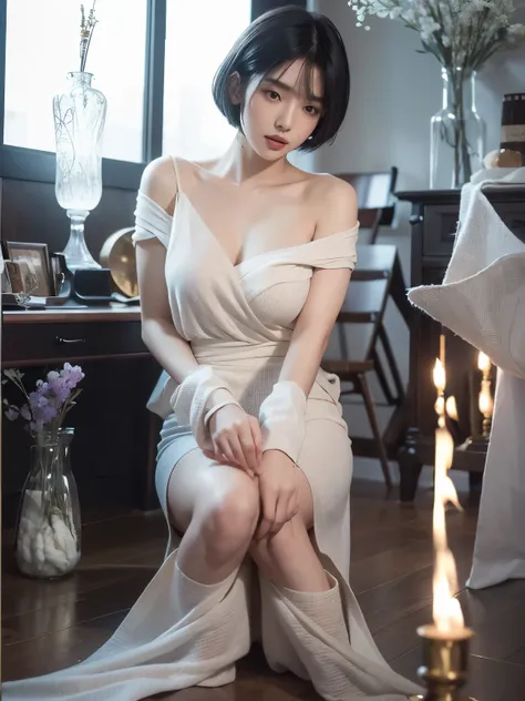 (Best quality, 8k, 32k, Masterpiece, UHD:1.2) "Generate a captivating artwork featuring a young Japanese girl model with short, sleek black hair styled in a chic bob haircut. Envision her bathed in dramatic cinematic lighting, creating an atmosphere of all...