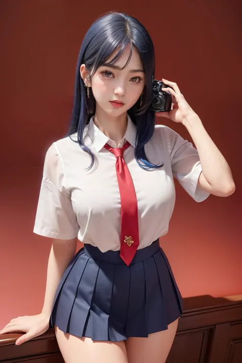 (masterpiece, best quality, cinematic, photorealistic, ultra-detailed), (1girl, Japanese student), (wide camera shot:1.5), (smart-looking girl wearing a white short-sleeved blouse with a sailor-style collar and a ribbon tie), (navy blue pleated skirt that ...