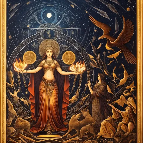 Arte digital hd, goddess hecate with 6 hands carrying torches and keys, a wolf following her and crows flying in the sky, ao fundo aparece o sol e a lua