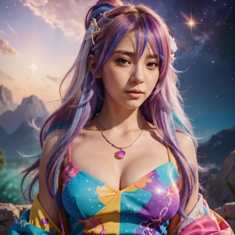 Close-up of a woman with colorful hair and necklace, anime girl with cosmic hair, soft vitality of Rossdraws, artwork in Guvez style, fantasy art style, colorful], vibrant fantasy style, Rossdraws cartoon full of vitality, universe and colorful, Guweiz, co...