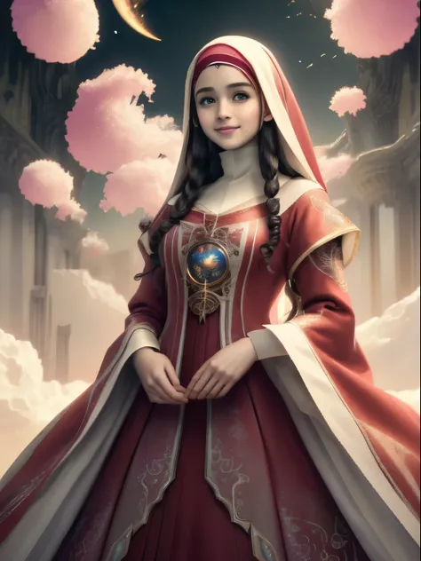  Red colour dress smiling face Subtle girl with flowers Full hijab, full dress, full robe,  ethereal fantasy concept art of intricate  quilled , vibrant, beautiful  quills, hyper detailed, insane depth, gorgeous composition, chaotic but orderly . magnifice...