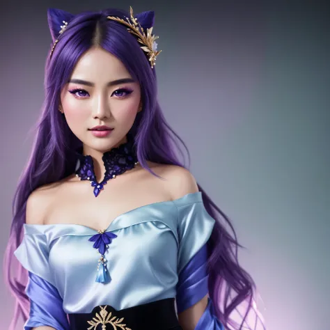 young gorgeous chinese model, traditional beauty, draped in purple and blue silk, with beautiful exoticism, purple hair, violet eyes, cat ears on top of head, ((focus on the hips)), (black opaque tights:1.2), (portrait:1.5), soft fluffy soft landscape fore...