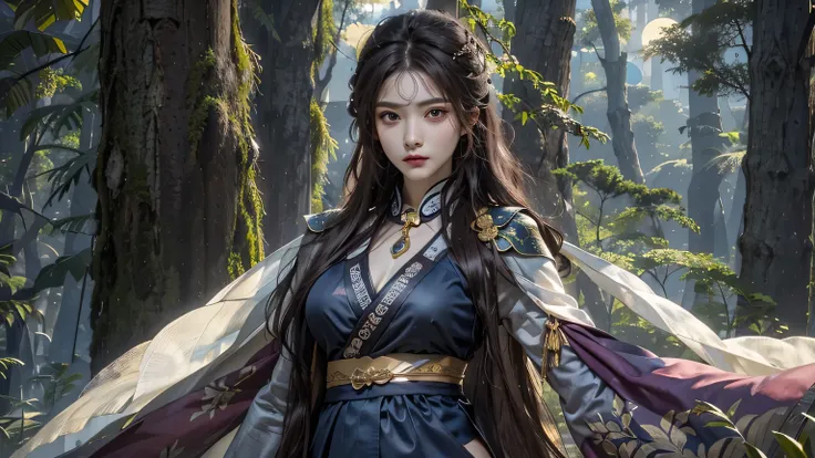 4K, ((very delicate))realistic, high resolution, woman in pine forest, alone, dark night, a ray of moonlight, dark brown hair, long hair, tear, woe, look at the viewer, (detailed face), super super big, 1 long, thin Joseon sword, big bust, thick thighs, en...