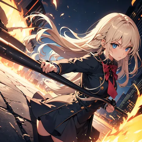 1 girl, blonde hair, ((blue eyes)), beautiful girl, (straight hair), black uniform, ((detailed eyes)), mad, angry, fighting paus...