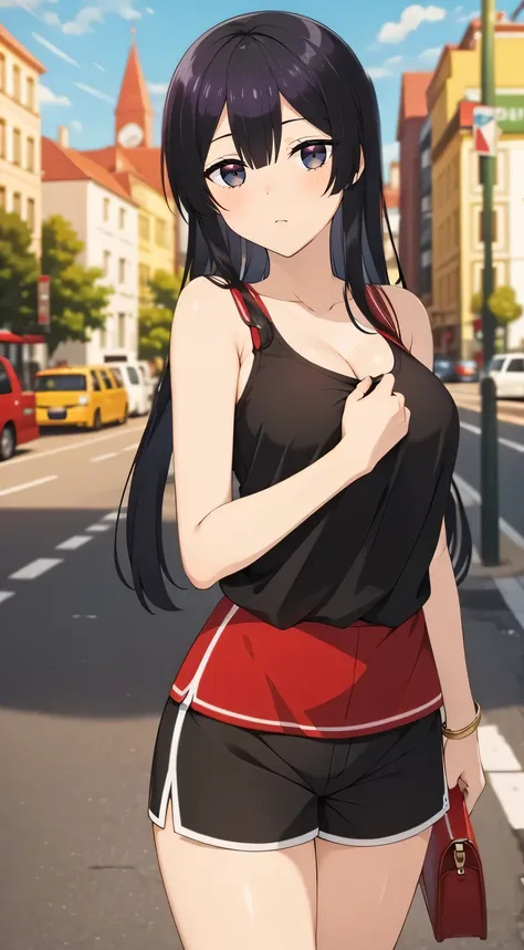 black hair,black eyes,((masterpiece:1.2)), best quality, pretty face, large_breasts, black tank top, red jogging shorts, cowboy ...