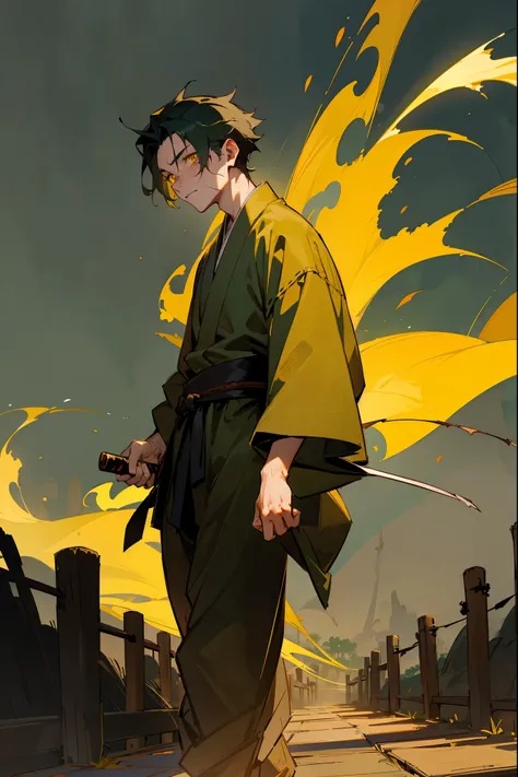 1male, dark green hair, golden yellow eyes, samurai, yukata, (olden village background), ((scar on face)), walking on path, uninterested expression