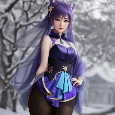 young gorgeous chinese model, traditional beauty, draped in purple and blue silk, with beautiful exoticism, purple hair, violet eyes, cat ears on top of head, ((focus on the hips)), (black opaque tights:1.2), soft fluffy soft landscape forest snowy pastel ...