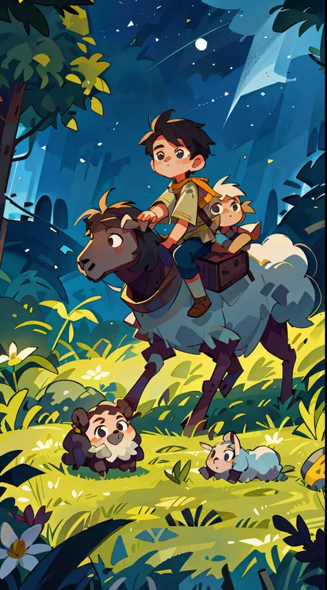 Prairie, a boy riding on the back of a sheep, knight, night, starry