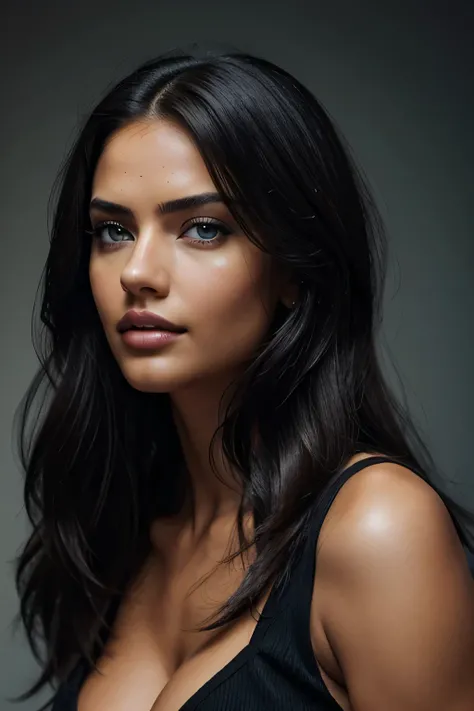 Mujer ojos azules brillantes posando para una foto., una imagen de Seb McKinnon,  realismo, Adriana Lima,  maquillaje ligero cabello ondulado, bella poarch, modelo secreto de victoria, modelo de instagram, pelo largo y negro ondulado, cara perfecta, piel g...