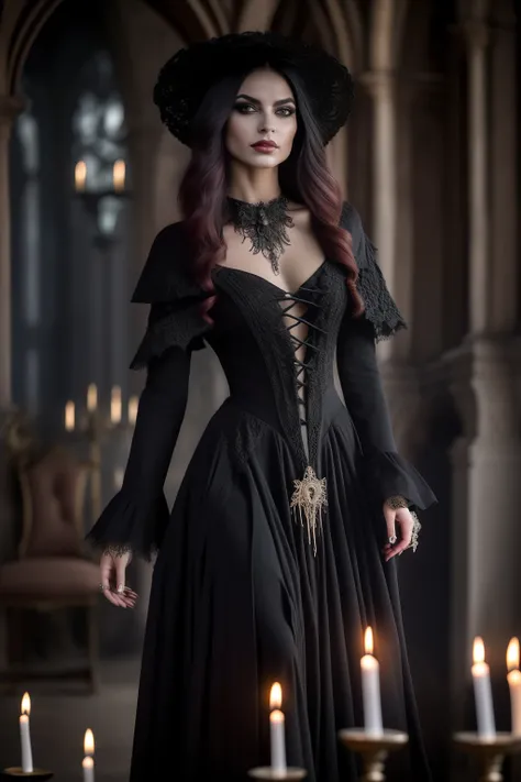 uma mulher de vestido preto SEM CHAPEU COM CABELOS LONGOS E PRETOS  em frente a velas, art of VOLUME GOTHIC DRESS, gothic maiden, arte de estilo fantasia sombria, gothic maiden of the dark, arte de fantasia sombria, arte escura de fantasia, linda rainha OB...