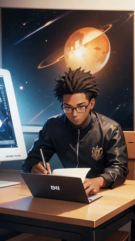 A young black man with glasses sits at his desk，holding laptop，digitial painting，3D character design by cbabi bayoc and Pixar，4K HD illustration，Very detailed facial features and cartoon-style visuals。And space background