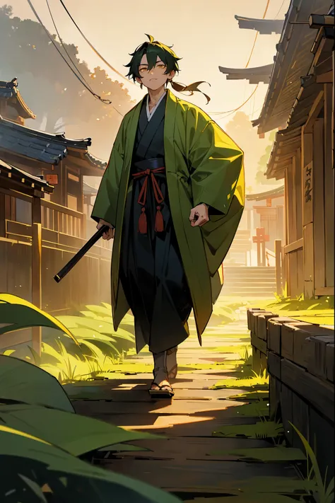 1male, dark green hair, golden yellow eyes, samurai, yukata, (olden village background), walking on path, uninterested expression