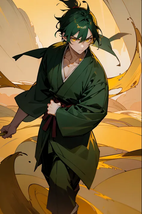 1male, dark green hair, short hair, golden yellow eyes, samurai, yukata, (olden village background), walking on path, uninterested expression