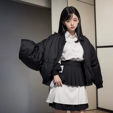 Masterpiece, Best Quality, Photographic Reality, Realistic, Octane Rendering, Out skirt of Japan, Waist height photo, (Black Boomber Jacket), (White Shirt), (Black hair), (Black Japanese School Skirt), (Black Eyes) Upper Body Display