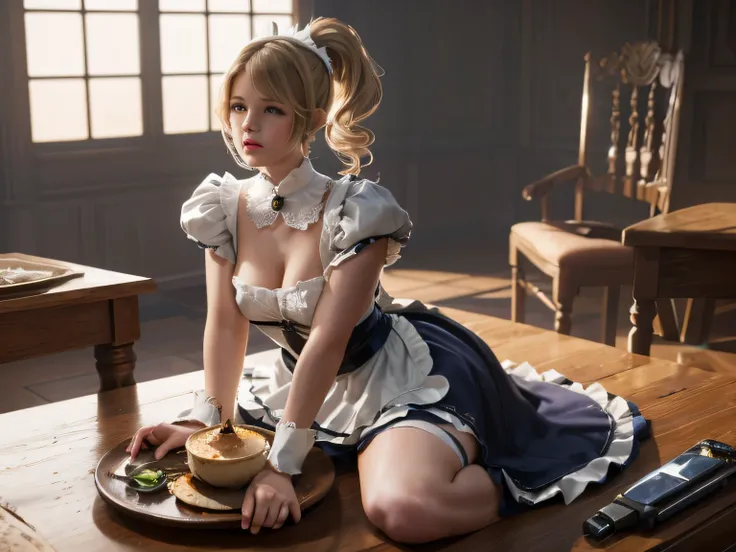 (masterpiece, top quality, Best quality,Official art, beautiful and aesthetically pleasing:1.2),(1 girl:1.3), 1 girl, in a maids costume, cat&#39;ears, fantasy art, blonde curly hair, ponytails, wipes dust from the table