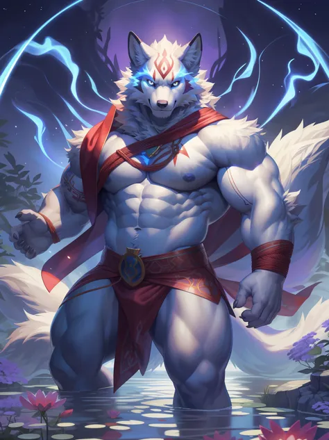 solo,anthro,furry,furry male, Fox, ((fluffy fur,fluffy,furry body)), (white fur, fox print), (White body), glowing body, glowing white eyes, black sclera, tails, detailed fluffy fur, (nine tails:1.2), godly, ((nine-tailed fox)), detailed face, detailed eye...