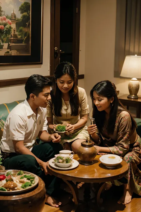 A large burmese family of three generations is gathered around a low table in their living room. They are enjoying a variety of dishes, such as mohinga soup, Burmese biryani, shan noodles, and laphet thoke (tea leaf salad). They are also drinking green tea...