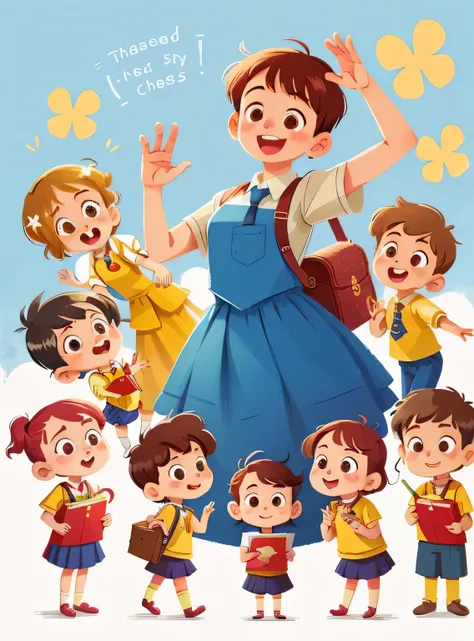 illustration, obra de arte, melhor qualidade, Teacher with several students (meninas e meninos) standing, They wave at us, em uniforme escolar, do oposto, feliz, corpo todo, no estilo do personagem de livro infantil, ficha de personagem, fundo azul, adjeti...