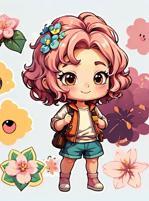 uma  de cinco anos、Um sorriso、short and non-binary person, cabelo rosa ondulado e olhos castanhos、fundo com flores