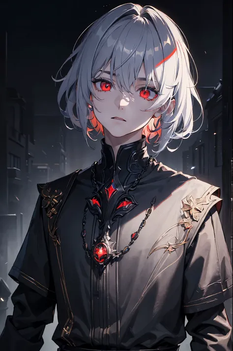 masterpiece, best quality, ((1 boy)), (colorful),(finely detailed beautiful eyes and detailed face),cinematic lighting,extremely detailed CG unity 8k wallpaper, (dark theme:1.6), Overcoat, grey hair and ((red eyes)), blue enviroment, blood, boy, ageless, (...