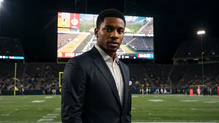 A photorealistic image of 1 Black male, low caesar haircut, grey hair, NFL commentator dressed in a suit, facing the camera, reporting on a football game. He stands in beside the football field at the 50 yard line displaying the action in the background. T...