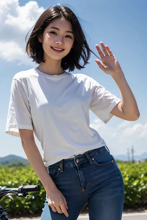 (masterpiece、High resolution,high quality),(perfect japanese woman、genuine、20th generation、)、(full of energy、smile)、(perfect anatomy、beautiful limbs、beautiful skin)、(white short sleeve shirt、jeans)、bicycle、Gravure photography、blue sky、White cloud、fresh、Coo...