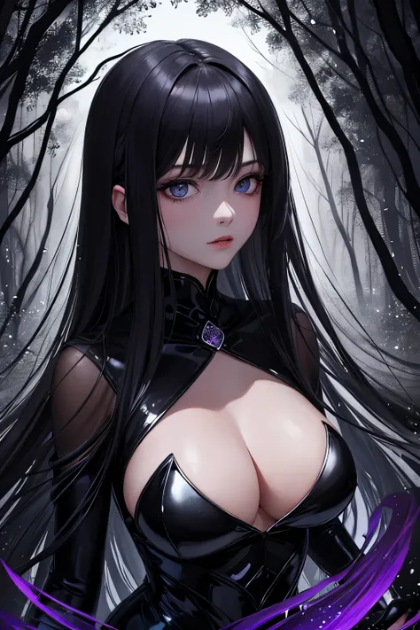 Mysterious Girl with Hypnotic Eyes: A captivating enigma shrouded in darkness, her eyes able to mesmerize any onlooker. Black, enigmatic background engulfs her figure, accentuating her allure. Clad in black clothes that hug her form, exuding an air of myst...