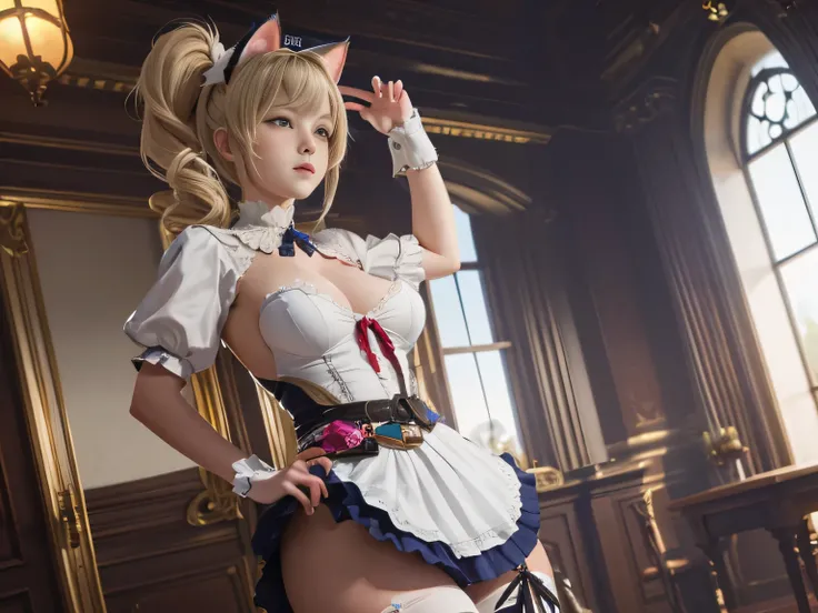 (masterpiece, top quality, Best quality,Official art, beautiful and aesthetically pleasing:1.2),(1 girl:1.3), 1 girl-кошка, in a maids costume, cat&#39;ears, race with someone, fantasy art, blonde curly hair, ponytails, dancing