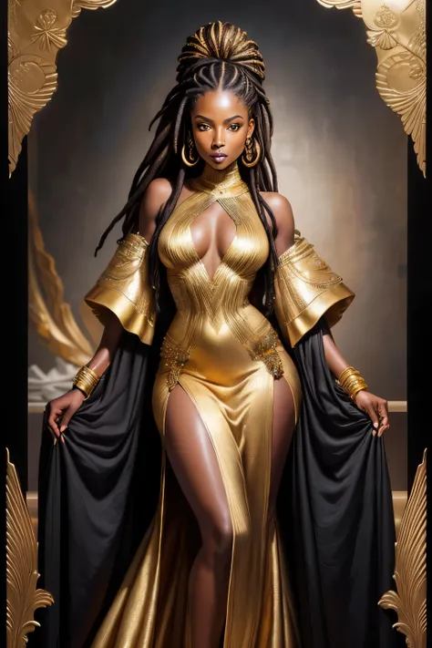 masterpiece, best quality, 1woman with dreads and a fancy luxurious dress posing for a picture, dark skin female, inspired by Magali Villeneuve, black african woman, contemporary clothing, modern clothes, stunning african princess, inspired by Thomas Black...