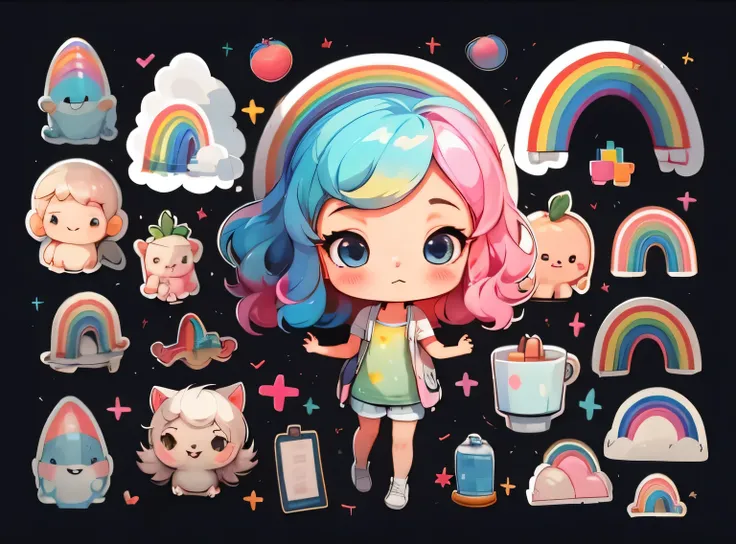 1 garota, fundo simples,3D,mini, corpo todo,cabelo rosa,pano azul,with rainbow